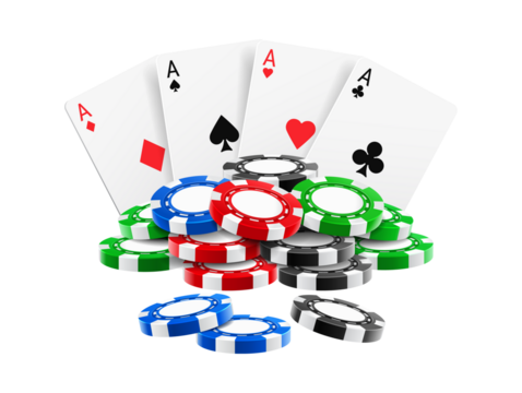Colorful poker chips and playing cards stack isolated casino illustration
