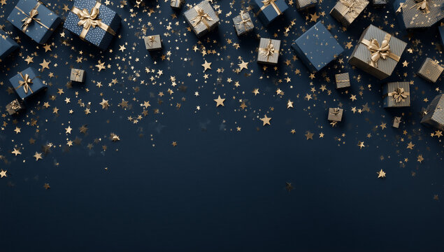 dark blue background with gift boxes and golden stars, for christmas or birthday party banner, poster, post and for greeting card design.