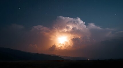Naklejka premium Dramatic lightning strike illuminates a massive storm cloud over silhouetted mountains under a starry night sky