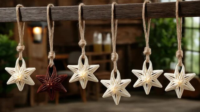 Beautiful handmade star decorations hanging in a cozy rustic setting with warm lighting and natural materials