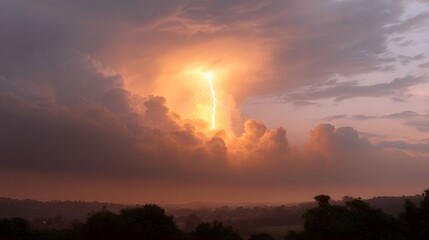 Fototapeta premium A powerful lightning bolt illuminates dramatic storm clouds during sunset casting an orange glow over the landscape
