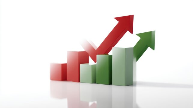 Green and red arrows on bar chart, vector icon showing increase and decrease in sales or performance