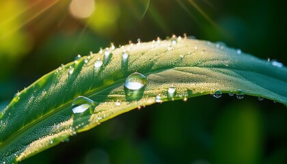 morning dew glistens on a green leaf each droplet reflecting the gentle light nature comes alive as sunlight filters through lush foliage creating a serene atmosphere
