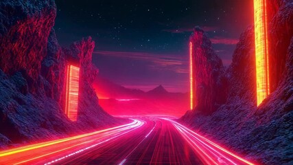 Future highway with neon light trails and glowing structures - Powered by Adobe
