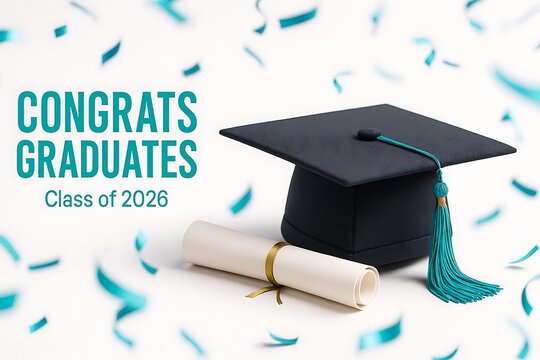 Congratulations graduates class of 2026 with confetti and graduation cap - Powered by Adobe