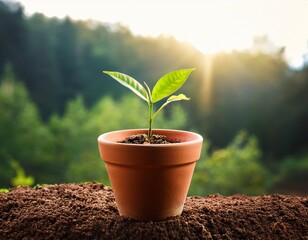 seedling in a terracotta pot forest background