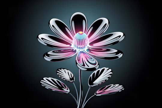 3D Futuristic Chrome Flower with Glowing Neon Center on Dark Abstract Background - Powered by Adobe