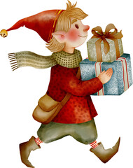Watercolor Christmas elf carrying gifts on a white background &mdash; cute festive illustration perfect for cards, decor, packaging, and holiday designs.