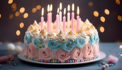 beautifully decorated cake with candles and pastel swirls for a special celebration occasion