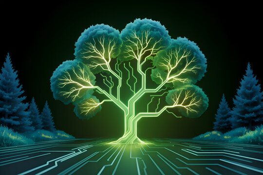 Futuristic Glowing Circuit Tree with Digital Roots in Neon Forest – Tech Nature Concept