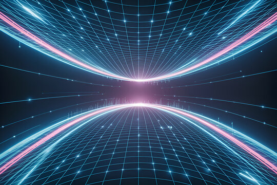 Futuristic Glowing Data Tunnel with Neon Grid and Light Trails – Digital Abstract Background