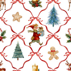 Seamless watercolor Christmas pattern with elves, gifts, trees, gingerbread cookies, candy canes, and candles in a red ribbon grid &mdash; festive design for holiday textiles and decor.