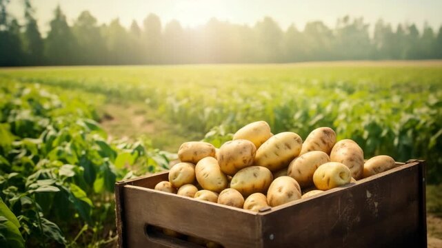 Fresh potatoes in wooden crate on farm
