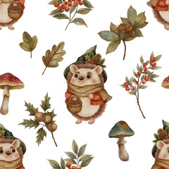 Seamless watercolor pattern with witch-hat gnomes, oak branches with acorns, chestnuts, mushrooms, and autumn leaves &mdash; cozy fall design for textiles, decor, and seasonal projects