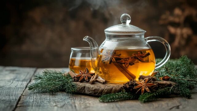 Glass teapot with cinnamon and herbal blend

