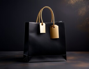 elegant black shopping bag with gold accents and blank tag on dark background