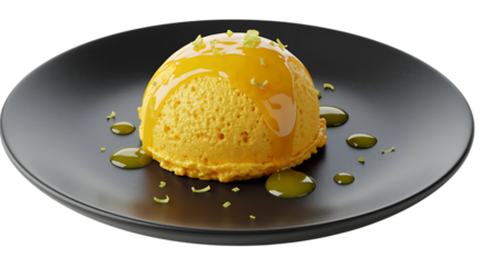 a delicious mango pudding served on black plate on transparent background