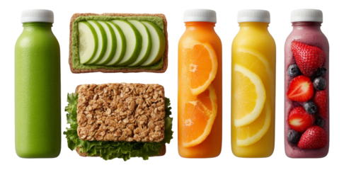 Fresh and Healthy Beverages and Snacks with Fruits and Vegetables on Transparent Background
