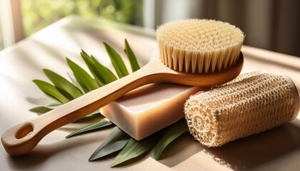 a wooden brush rests beside artisanal soap and a loofah on a smooth surface soft natural light accentuates the serene composition enriched with greenery and organic textures