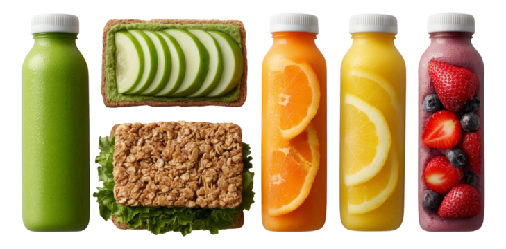 Fresh and Healthy Beverages and Snacks with Fruits and Vegetables on Transparent Background