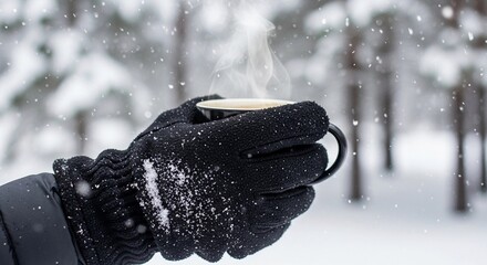 A gloved fleece hand holds a steaming cup in a snowy forest. Snowflakes fall gently around, creating a serene winter atmosphere.