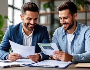 Two male colleagues in the office are looking at documents.