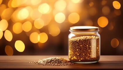 golden seeds in glass jar on wooden surface with warm bokeh background