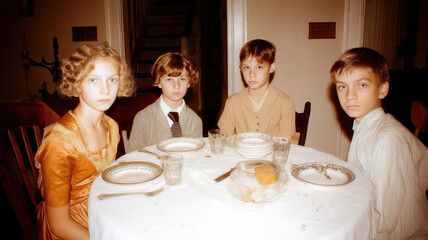 Thanksgiving Family Retro Concept, Retro thanksgiving family gathering with people celebrating traditional holiday meal at dining table