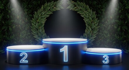 Three illuminated podiums with numbers 1, 2, and 3, surrounded by greenery and spotlights.