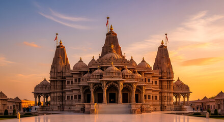 Obraz premium Majestic stone temple complex illuminated by the warm glow of the setting sun, showcasing intricate architectural details.