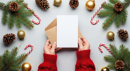 Hands in red sweater holding a blank Christmas card mockup. Envelope surrounded by candy canes and golden ornaments.