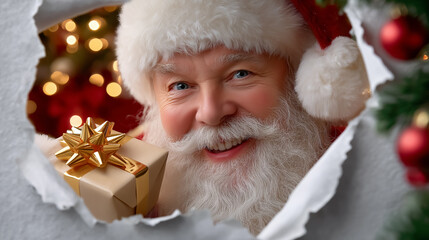Santa Claus with white beard is smiling and holding a wrapped gift with a golden bow. Background filled with warm lights and decorated Christmas trees creates joyful holiday spirit