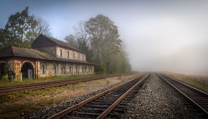 ethereal fog engulfs abandoned railway tracks and an old station building evoking a sense of timeless journey and solitude
