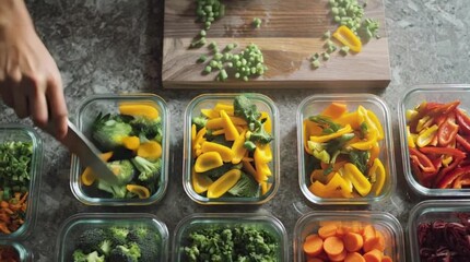 Preparing a colorful variety of fresh, chopped vegetables, including broccoli and bell peppers, meticulously organized into glass containers for efficient and healthy weekly meal prep