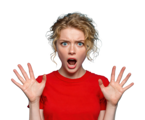 Surprised reaction from young woman portrait isolated on transparent background