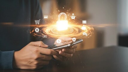 A person secures online transactions on their phone with a digital padlock icon - Powered by Adobe