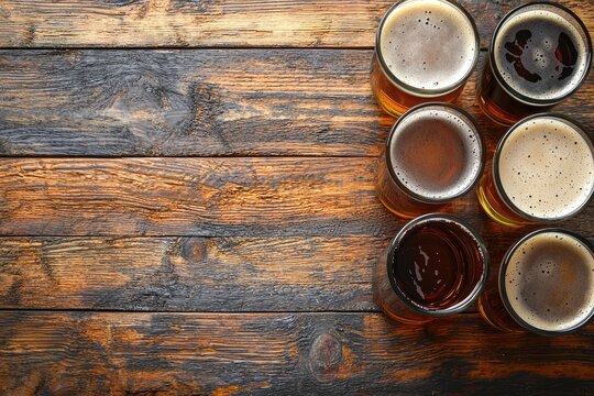 Classic craft beer assortment on rustic wooden table surface with foam details and rich color variety for bar menus, brewery marketing, tasting events and beverage presentation designs