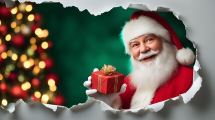 Santa Claus looking at camera while holding a wrapped gift with a golden bow. Background features a decorated Christmas tree with shimmering ornaments