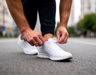An athlete ties the laces of his white sneakers before training outside