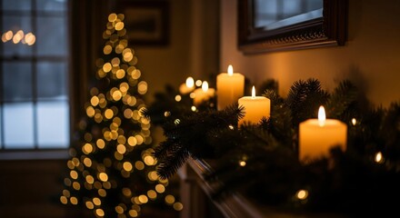Cozy holiday glow with a softly lit Christmas tree and warm candlelight creates a magical, inviting atmosphere perfect for festive celebrations and winter scenes.