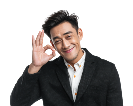 Positive gesture by a smiling man in a business suit portrait isolated on transparent background