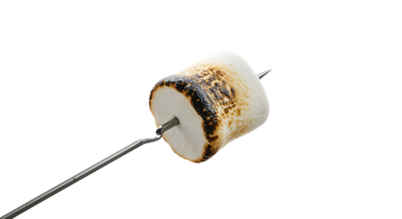roasted marshmallow on skewer with charred edges on transparent background