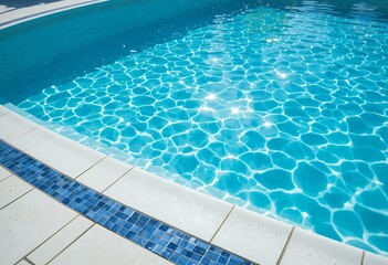 Closeup of clear sparkling water surface reflecting sunlight in a swimming pool area