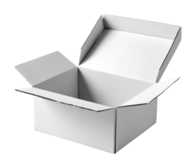 Unboxing excitement open white cardboard box in minimalist space isolated on transparent background