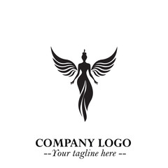 Elegant Black Angel Woman Silhouette Logo Symbol on White Background