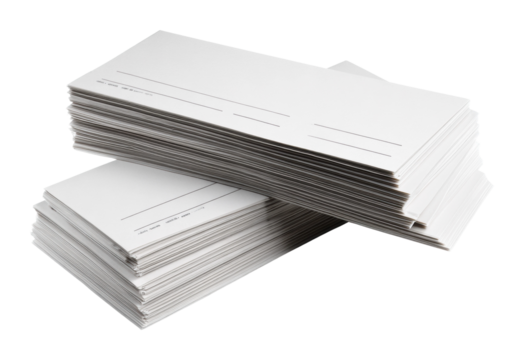 Stacked envelopes for mailing office document collection isolated on transparent background