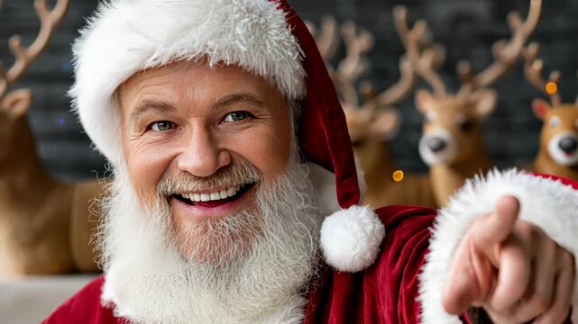 Santa spreads joy in a festive room full of cheerful decorations and holiday spirit