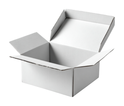 Unboxing excitement open white cardboard box in minimalist space isolated on transparent background