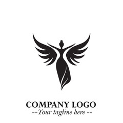 Elegant Black Angel Woman Silhouette Logo Symbol on White Background