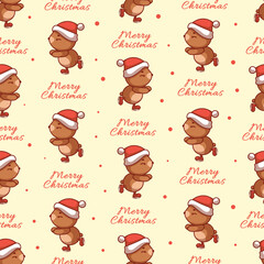 Seamless vector Christmas pattern with a bear skating, festive New Year illustration